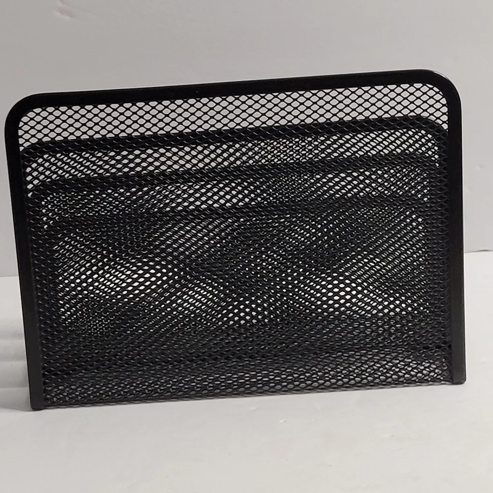Black, three-tiered metal mesh file holder. 318